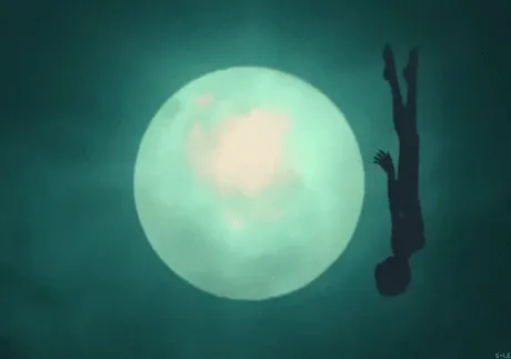 Rei Ayanami's silhouette drifting past the full moon, from the Fly Me to the Moon ending of Evangelion